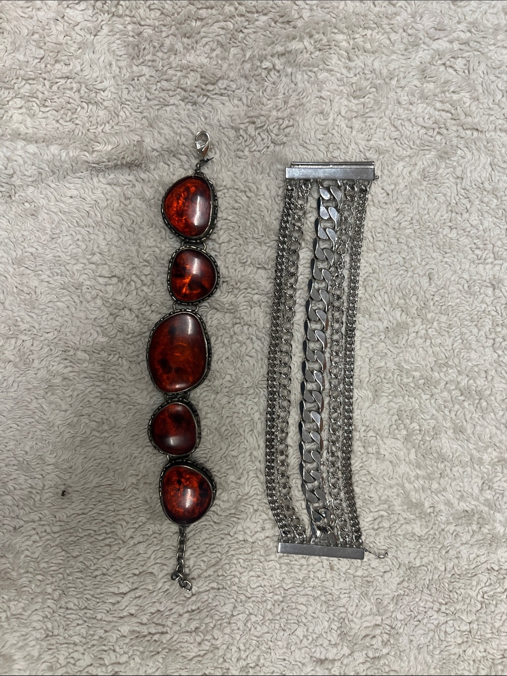 Red Amber Stone Bracelet | Chunky Silver-Tone Chain Bracelet Set